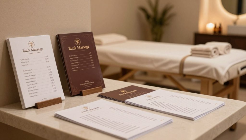 A serene, professional setting showcasing a massage service pricing comparison for "Butik Massage" in Istanbul. In the foreground, an elegantly designed table displays various massage package brochures and pricing sheets, neatly organized. In the middle, a tranquil massage room is depicted with soft lighting, calming colors, and essential oils in the background, hinting at relaxation. The room features a massage table, plush towels, and soothing decor. The overall atmosphere is peaceful, conveying a sense of luxury and professionalism. The image captures the essence of exploring pricing in a respectful and informative manner, emphasizing the quality of service without any human subjects or distracting elements. The angle is slightly angled to create depth, ensuring a captivating visual representation.