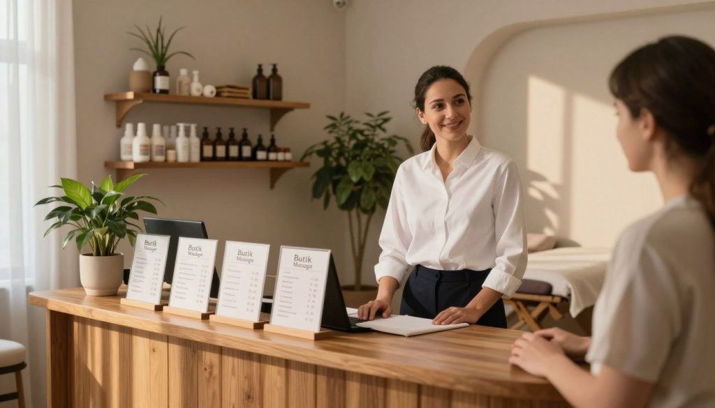 A serene relaxation spa setting in Istanbul, featuring a tranquil reception area with an elegant wooden counter displaying various massage package pricing comparisons. In the foreground, a friendly professional wearing a crisp white shirt and dark trousers stands behind the counter, engaging with a customer. The middle ground showcases shelves with beautifully arranged spa products, while lush plants add a touch of nature. In the background, a softly lit room with a massage table and calming colors sets a relaxing atmosphere. Gentle light filters through sheer curtains, casting warm shadows. The scene embodies peace and wellness with neutral tones and subtle textures, highlighting the essence of Butik Massage as a premier spa destination.