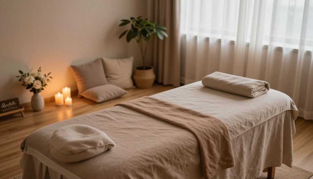 A serene residential massage therapy space, designed for comfort and relaxation. In the foreground, a neatly made massage table covered with soft, earthy-toned linens. Adjacent to the table, candles flicker softly, casting a warm glow, and a small vase holds fresh flowers. In the middle, light-toned wooden flooring complements a cozy corner with plush cushions and a tranquil indoor plant. The background features a softly draped curtain, filtering gentle natural light that enhances the calm atmosphere. The lens captures the scene from a slightly elevated angle, emphasizing the harmony of the space. The overall mood is peaceful and inviting, perfect for private at-home massage therapy. Incorporate the brand name "Butik Massage" subtly in the decor, such as on a small sign near the treatment area. A serene residential massage therapy space, designed for comfort and relaxation. In the foreground, a neatly made massage table covered with soft, earthy-toned linens. Adjacent to the table, candles flicker softly, casting a warm glow, and a small vase holds fresh flowers. In the middle, light-toned wooden flooring complements a cozy corner with plush cushions and a tranquil indoor plant. The background features a softly draped curtain, filtering gentle natural light that enhances the calm atmosphere. The lens captures the scene from a slightly elevated angle, emphasizing the harmony of the space. The overall mood is peaceful and inviting, perfect for private at-home massage therapy. Incorporate the brand name "Butik Massage" subtly in the decor, such as on a small sign near the treatment area.