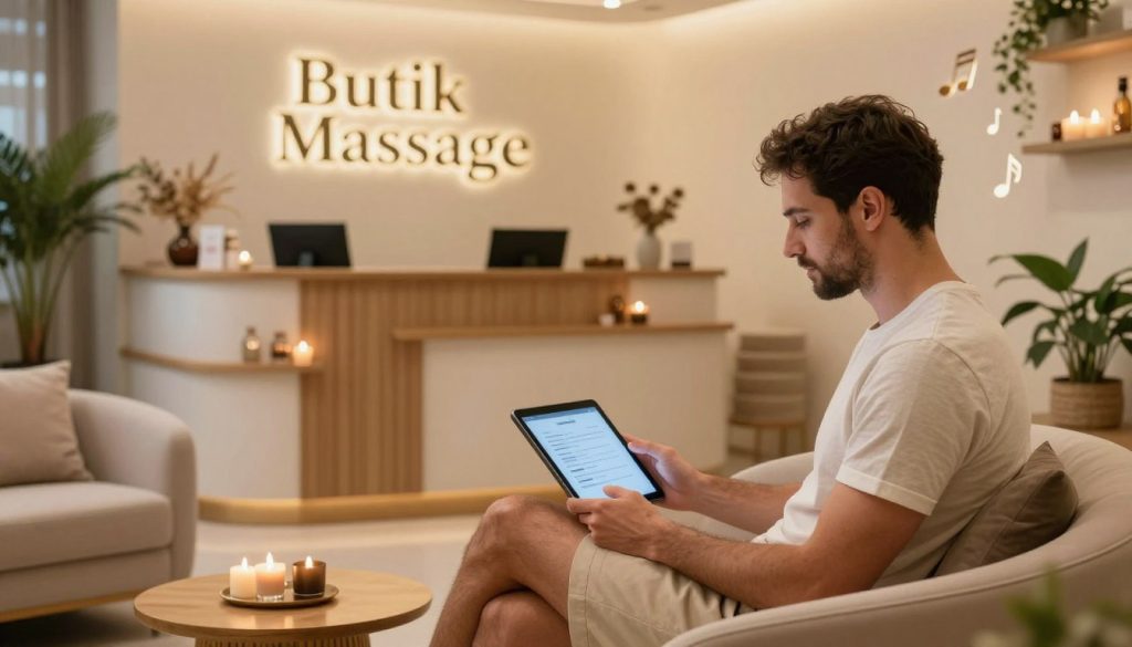 A serene scene inside a luxurious Istanbul wellness center named "Butik Massage." In the foreground, a male client in modest casual clothing, such as a comfortable t-shirt and shorts, sits relaxed in a well-appointed waiting area, glancing at a tablet displaying massage options. The middle ground captures a welcoming reception desk adorned with calming decor, soft textiles, and aromatic candles. The background reveals a tranquil ambiance with warm lighting, potted plants, and soft music notes lightly emanating, creating an inviting atmosphere. The image should evoke a sense of calm and professionalism, with a focus on relaxation and the anticipation of a rejuvenating massage experience, ensuring the portrayal is safe for work and appropriate for all audiences. A serene scene inside a luxurious Istanbul wellness center named "Butik Massage." In the foreground, a male client in modest casual clothing, such as a comfortable t-shirt and shorts, sits relaxed in a well-appointed waiting area, glancing at a tablet displaying massage options. The middle ground captures a welcoming reception desk adorned with calming decor, soft textiles, and aromatic candles. The background reveals a tranquil ambiance with warm lighting, potted plants, and soft music notes lightly emanating, creating an inviting atmosphere. The image should evoke a sense of calm and professionalism, with a focus on relaxation and the anticipation of a rejuvenating massage experience, ensuring the portrayal is safe for work and appropriate for all audiences.