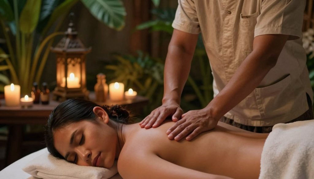 A serene spa environment showcasing a Balinese massage scene depicting the health benefits of muscle relaxation. In the foreground, a professional therapist in modest casual attire is performing a gentle massage on a client lying on a massage table, using traditional Balinese techniques with focus on shoulder and back areas. The client is relaxed, showcasing a serene expression. In the middle, essential oils and candles create a calming atmosphere. In the background, lush tropical plants and softly glowing lanterns enhance the tranquil mood. The lighting is warm and inviting, simulating an early evening ambiance. Capture a close-up angle to emphasize the therapist’s hands and the tension release in the client’s muscles. Incorporate the "Butik Massage" brand subtly in the scene, enhancing the overall peaceful and restorative feeling.