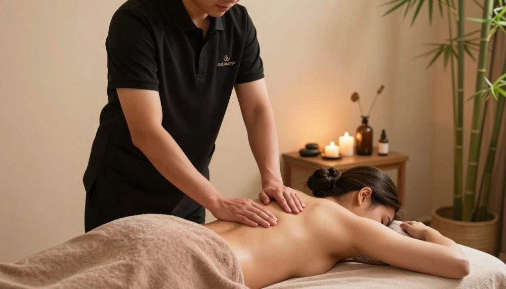 A serene spa environment showcasing a professional deep tissue massage session. In the foreground, a therapist, dressed in a black polo and comfortable pants, applies various pressure techniques to a client's back with focused intensity. The client, wearing a modest fitted shirt, is lying on a massage table, relaxed and enveloped in soft towels. In the middle ground, herbal oils, warm stones, and calming candles create an inviting atmosphere. The background features soft, ambient lighting with gentle shadows, emphasizing the tranquility of the space. Incorporate natural elements like bamboo and plants to enhance the relaxing vibe. The overall mood is peaceful and rejuvenating, illustrating the intricate pressure levels and techniques of deep tissue massage. Display the brand name "Butik Massage" subtly integrated into the scene.