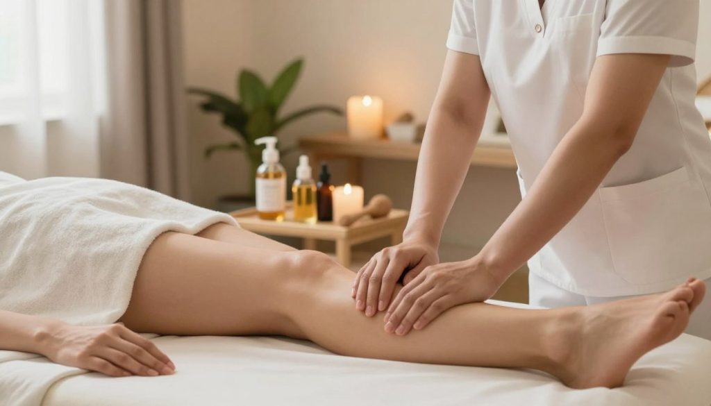 A serene spa environment showcasing a professional massage therapist demonstrating cellulite-specific massage techniques. In the foreground, the therapist, dressed in a clean, professional outfit, is applying a gentle, targeted massage to a client’s thigh. The client is comfortably positioned on a massage table, wearing modest clothing. In the middle ground, various massage oils and tools are neatly arranged, emphasizing the technique being used. The background features soft, calming colors with plants and ambient lighting, creating a tranquil atmosphere. Natural light filters through a window, adding warmth to the scene. The overall mood is soothing and educational, reflecting the role of massage in treating cellulite. Include the brand name "Butik Massage" discreetly in the setting without any text overlay.