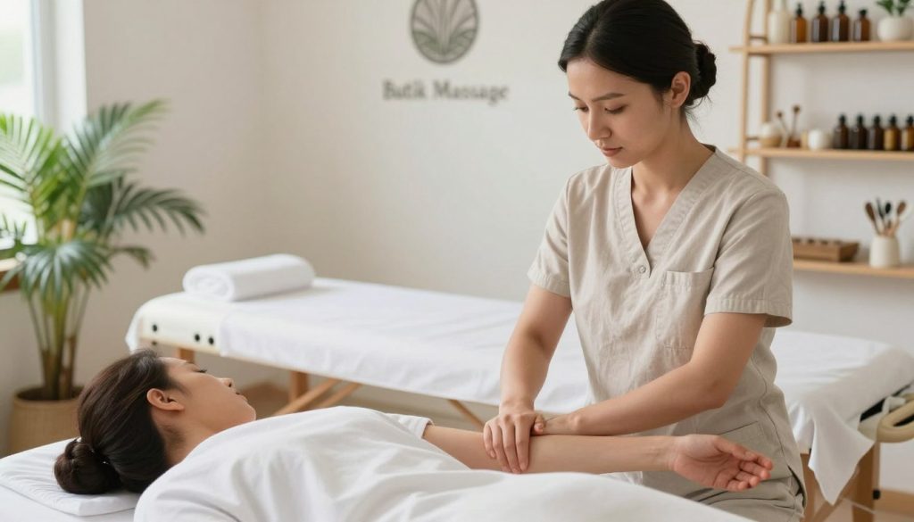 A serene spa environment with soft, natural lighting highlighting a professional setting for lymphatic drainage techniques demonstration. In the foreground, a certified therapist in modest casual clothing is demonstrating manual lymph drainage on a patient, who is also dressed in appropriate attire. The therapist’s focused expression conveys expertise while gently applying rhythmic, sweeping motions to the patient's arm. In the middle, a massage table is displayed, surrounded by plants and calming decor that evoke relaxation. The background features shelves with neatly organized massage oils and tools, enhancing the therapeutic atmosphere. Overall, the image captures a peaceful and professional mood, reflecting the careful, healing nature of lymph massage under the brand name "Butik Massage". A serene spa environment with soft, natural lighting highlighting a professional setting for lymphatic drainage techniques demonstration. In the foreground, a certified therapist in modest casual clothing is demonstrating manual lymph drainage on a patient, who is also dressed in appropriate attire. The therapist’s focused expression conveys expertise while gently applying rhythmic, sweeping motions to the patient's arm. In the middle, a massage table is displayed, surrounded by plants and calming decor that evoke relaxation. The background features shelves with neatly organized massage oils and tools, enhancing the therapeutic atmosphere. Overall, the image captures a peaceful and professional mood, reflecting the careful, healing nature of lymph massage under the brand name "Butik Massage".