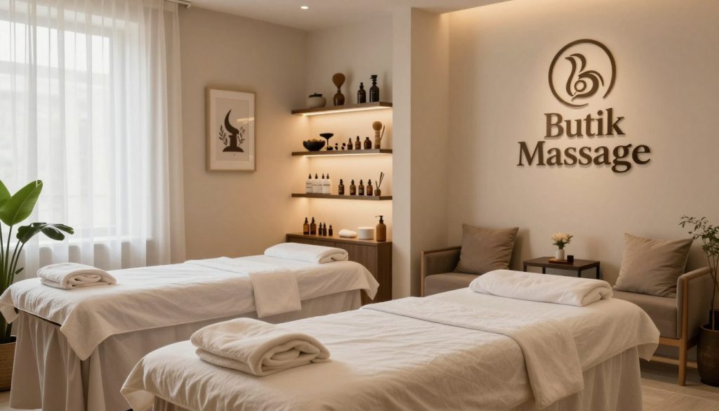 A serene spa room designed in an Istanbul massage parlor, featuring calming colors and natural light filtering through sheer drapes. In the foreground, a neatly arranged massage table with soft linens and aromatic oils, alongside a small plant for a touch of greenery. The middle ground showcases a well-organized space with shelves displaying various massage tools and products, emphasizing cleanliness and professionalism. In the background, an inviting waiting area with comfortable seating and calming artwork on the walls, creating a peaceful ambiance. The atmosphere is tranquil and welcoming, highlighting the essence of a quality massage service. Logo prominently displayed: “Butik Massage”, in a sophisticated font on a wall. The lighting is soft and warm, enhancing the overall comforting vibe of the spa. A serene spa room designed in an Istanbul massage parlor, featuring calming colors and natural light filtering through sheer drapes. In the foreground, a neatly arranged massage table with soft linens and aromatic oils, alongside a small plant for a touch of greenery. The middle ground showcases a well-organized space with shelves displaying various massage tools and products, emphasizing cleanliness and professionalism. In the background, an inviting waiting area with comfortable seating and calming artwork on the walls, creating a peaceful ambiance. The atmosphere is tranquil and welcoming, highlighting the essence of a quality massage service. Logo prominently displayed: “Butik Massage”, in a sophisticated font on a wall. The lighting is soft and warm, enhancing the overall comforting vibe of the spa.