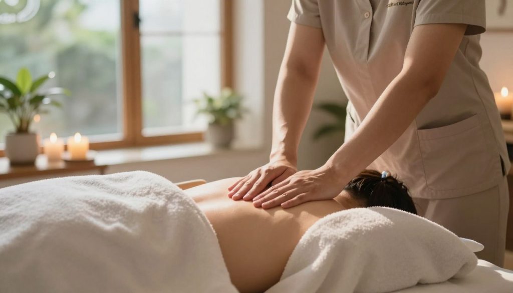 A serene spa setting featuring a professional therapist performing manual lymphatic drainage massage on a client. The therapist, dressed in modest professional attire, is using gentle, rhythmic hand movements. The client, comfortably clothed in a simple massage gown, is lying on a treatment table. Soft, natural light filters through large windows, casting a warm glow in the space. Elements such as soothing plants, a few candles, and calming decor enhance the atmosphere. The foreground focuses on the therapist’s skilled hands, while the middle ground showcases the table, emphasizing the technique. The background hints at a peaceful environment with soft colors, creating a sense of tranquility. Branding elements subtly incorporate "Butik Massage" into the decor of the room. A serene spa setting featuring a professional therapist performing manual lymphatic drainage massage on a client. The therapist, dressed in modest professional attire, is using gentle, rhythmic hand movements. The client, comfortably clothed in a simple massage gown, is lying on a treatment table. Soft, natural light filters through large windows, casting a warm glow in the space. Elements such as soothing plants, a few candles, and calming decor enhance the atmosphere. The foreground focuses on the therapist’s skilled hands, while the middle ground showcases the table, emphasizing the technique. The background hints at a peaceful environment with soft colors, creating a sense of tranquility. Branding elements subtly incorporate "Butik Massage" into the decor of the room.