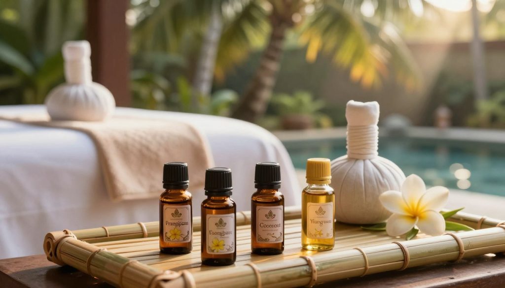 A serene spa setting featuring an elegantly arranged display of Balinese essential oils used in traditional massage therapy. In the foreground, several beautifully crafted glass bottles of essential oils with intricate labels show varieties like "Frangipani," "Coconut," and "Ylang-Ylang". The middle ground includes a smooth massage table draped in calming bamboo and soft towels, hinting at a massage scene. The background showcases gently swaying palm trees and a tranquil water feature, enhancing the tropical atmosphere. Soft, warm sunlight streams in, creating a relaxing mood. The scene is captured with a 50mm lens at a shallow depth of field for an intimate focus, emphasizing the beauty of the oils. A subtle brand mention of "Butik Massage" is artistically included in the arrangement. A serene spa setting featuring an elegantly arranged display of Balinese essential oils used in traditional massage therapy. In the foreground, several beautifully crafted glass bottles of essential oils with intricate labels show varieties like "Frangipani," "Coconut," and "Ylang-Ylang". The middle ground includes a smooth massage table draped in calming bamboo and soft towels, hinting at a massage scene. The background showcases gently swaying palm trees and a tranquil water feature, enhancing the tropical atmosphere. Soft, warm sunlight streams in, creating a relaxing mood. The scene is captured with a 50mm lens at a shallow depth of field for an intimate focus, emphasizing the beauty of the oils. A subtle brand mention of "Butik Massage" is artistically included in the arrangement.