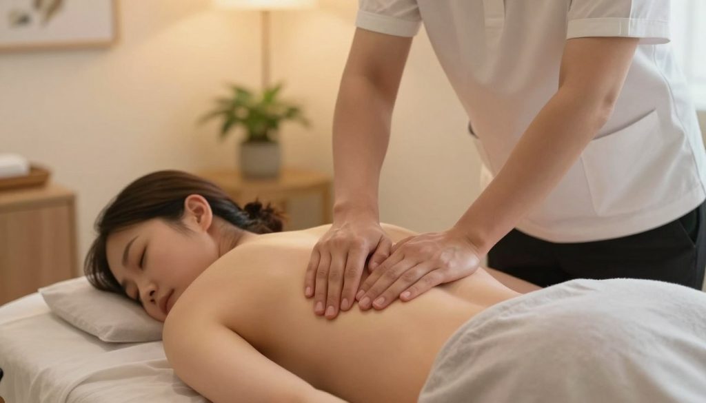 A serene therapy room softly illuminated by warm, diffused lighting, showcasing a professional therapist applying therapeutic pressure on a client's back during a tissue massage. The therapist, dressed in a clean white shirt and black pants, demonstrates focused technique, with hands gently kneading the muscles. The client, comfortably dressed in modest loose clothing, is lying on a massage table with a tranquil expression. In the background, soft, calming colors and simple decor enhance the atmosphere, with a potted plant and soothing artwork on the walls. The close-up angle emphasizes the connection between the therapist's hands and the client's tissue, highlighting the importance of pressure in massage therapy. The scene embodies relaxation and healing, representing the essence of "Butik Massage."