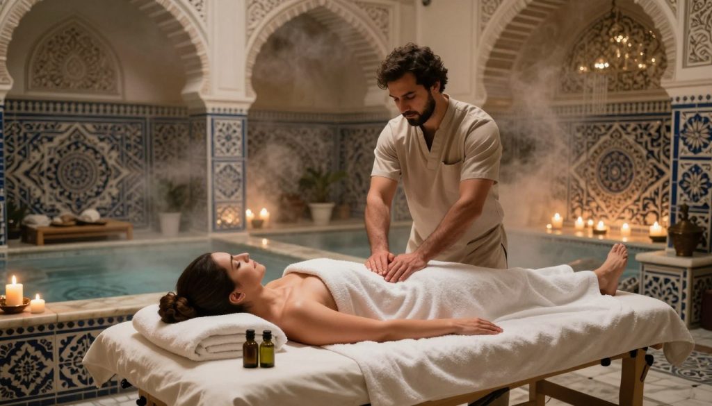 A serene traditional Istanbul hammam scene showcasing a massage treatment session at Butik Massage. In the foreground, a calming treatment area with a marble massage table adorned with soft white towels and aromatic oils. In the middle ground, a professional therapist in modest attire, gently applying a traditional olive oil massage to a client, who is also dressed in comfortable, modest spa wear. Surrounding them are intricately designed tiles reflecting traditional Turkish patterns, and soft candlelight casting a warm glow across the space. The background features ornate arches and steam rising softly from hot water, creating a tranquil and inviting atmosphere. The mood is peaceful and rejuvenating, capturing the essence of a traditional hammam experience.