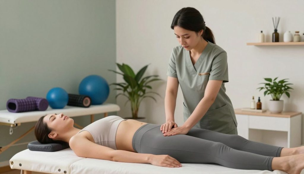 A serene treatment room showcasing a demonstration of trigger point release techniques. In the foreground, a trained therapist in professional attire demonstrates the massage technique on a client comfortably lying on a massage table. The client is wearing modest athletic wear, emphasizing relaxation. In the middle ground, various massage tools, such as therapy balls and foam rollers, are meticulously arranged. The background features soothing, muted colors with soft lighting that highlights the calm atmosphere, complemented by a few potted plants and wellness-related decor. The scene conveys a sense of tranquility and professional care, embodying the essence of 'Butik Massage,' aimed at enhancing understanding of trigger point massage mechanics. A serene treatment room showcasing a demonstration of trigger point release techniques. In the foreground, a trained therapist in professional attire demonstrates the massage technique on a client comfortably lying on a massage table. The client is wearing modest athletic wear, emphasizing relaxation. In the middle ground, various massage tools, such as therapy balls and foam rollers, are meticulously arranged. The background features soothing, muted colors with soft lighting that highlights the calm atmosphere, complemented by a few potted plants and wellness-related decor. The scene conveys a sense of tranquility and professional care, embodying the essence of 'Butik Massage,' aimed at enhancing understanding of trigger point massage mechanics.