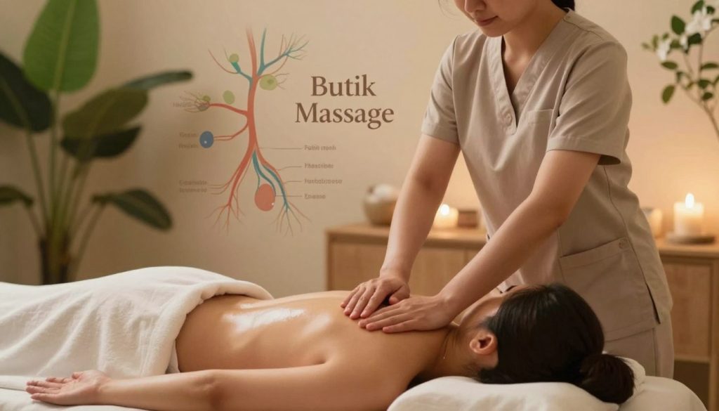 A serene wellness environment depicting the benefits of lymphatic massage. In the foreground, a professional massage therapist, dressed in modest casual clothing, gently performs a lymphatic drainage technique on a client lying on a massage table. Soft, warm lighting bathes the scene, creating a calming atmosphere. In the middle, illustrations of lymphatic nodes and pathways are subtly integrated into the background, conveying the therapeutic impact of the massage. The background features a tranquil spa setting with lush plants and soothing colors, enhancing the sense of relaxation. The brand name "Butik Massage" is elegantly positioned within the scene. The overall mood is peaceful and inviting, emphasizing the healing and restorative qualities of lymphatic massage. A serene wellness environment depicting the benefits of lymphatic massage. In the foreground, a professional massage therapist, dressed in modest casual clothing, gently performs a lymphatic drainage technique on a client lying on a massage table. Soft, warm lighting bathes the scene, creating a calming atmosphere. In the middle, illustrations of lymphatic nodes and pathways are subtly integrated into the background, conveying the therapeutic impact of the massage. The background features a tranquil spa setting with lush plants and soothing colors, enhancing the sense of relaxation. The brand name "Butik Massage" is elegantly positioned within the scene. The overall mood is peaceful and inviting, emphasizing the healing and restorative qualities of lymphatic massage.