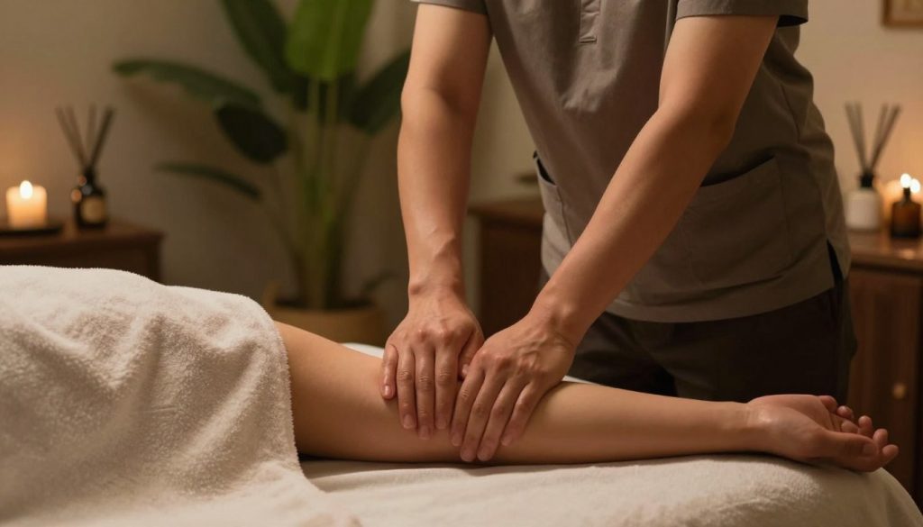 A serene wellness environment featuring a professional massage therapist in modest, casual clothing administering a gentle lymph drainage massage to a relaxed client on a massage table. The foreground captures the therapist's hands skillfully performing strokes along the client's arms, emphasizing the care and technique involved. In the middle ground, soft green plants and calming decor elements create a tranquil atmosphere, enhancing the sense of relaxation and detoxification. The background includes soothing, dim lighting, accentuated by warm tones, and hints of aromatherapy diffusers releasing relaxing scents. The overall mood is peaceful and restorative, embodying the benefits of lymph drainage massage therapy. The image should reflect the brand "Butik Massage" through an inviting and professional aesthetic that promotes wellness and rejuvenation. A serene wellness environment featuring a professional massage therapist in modest, casual clothing administering a gentle lymph drainage massage to a relaxed client on a massage table. The foreground captures the therapist's hands skillfully performing strokes along the client's arms, emphasizing the care and technique involved. In the middle ground, soft green plants and calming decor elements create a tranquil atmosphere, enhancing the sense of relaxation and detoxification. The background includes soothing, dim lighting, accentuated by warm tones, and hints of aromatherapy diffusers releasing relaxing scents. The overall mood is peaceful and restorative, embodying the benefits of lymph drainage massage therapy. The image should reflect the brand "Butik Massage" through an inviting and professional aesthetic that promotes wellness and rejuvenation.