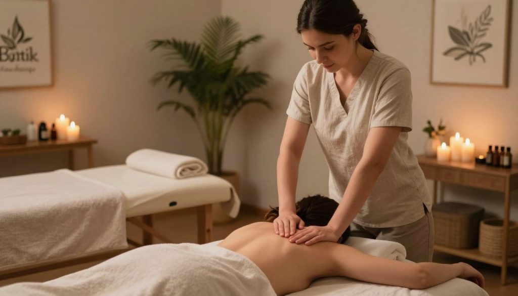 A serene wellness studio featuring a soothing trigger point massage scene. In the foreground, a professional massage therapist, dressed in modest casual attire, is gently applying pressure to a client’s shoulder, illustrating the technique. The middle ground showcases a cozy massage table adorned with soft linens, essential oils, and calming candles that emit a warm glow. The background features lush indoor plants and calming artwork, enhancing the tranquil atmosphere. Soft, diffused lighting envelops the space, creating a peaceful mood. The overall composition emphasizes relaxation and well-being, visually highlighting the therapeutic benefits of trigger point massage, and includes a subtle representation of the brand name "Butik Massage" in the ambient elements. A serene wellness studio featuring a soothing trigger point massage scene. In the foreground, a professional massage therapist, dressed in modest casual attire, is gently applying pressure to a client’s shoulder, illustrating the technique. The middle ground showcases a cozy massage table adorned with soft linens, essential oils, and calming candles that emit a warm glow. The background features lush indoor plants and calming artwork, enhancing the tranquil atmosphere. Soft, diffused lighting envelops the space, creating a peaceful mood. The overall composition emphasizes relaxation and well-being, visually highlighting the therapeutic benefits of trigger point massage, and includes a subtle representation of the brand name "Butik Massage" in the ambient elements.