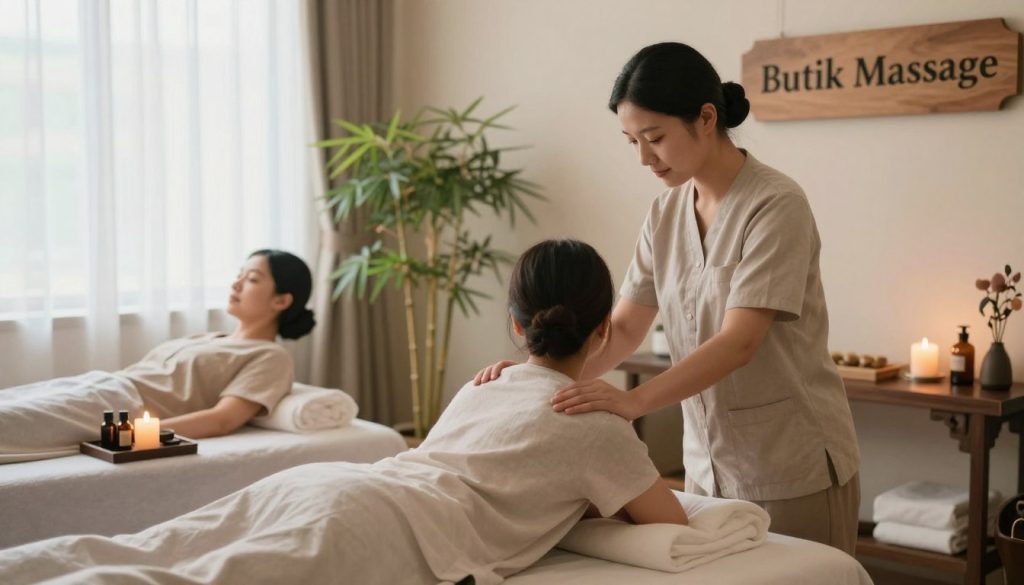 A serene wellness studio featuring a tranquil setting for Chinese therapeutic massage. In the foreground, a professional therapist in modest casual clothing is gently massaging the shoulders of a client seated comfortably on a massage chair, both appearing relaxed and at ease. The middle of the scene showcases traditional Chinese elements like a bamboo plant, herbal oils, and soothing candles that emphasize the focus on pain relief benefits. The background includes soft, natural light filtering through a window, highlighting the calming atmosphere. A subtle, warm color palette promotes a sense of peace and relaxation. The overall mood is one of comfort and healing, embodying the essence of therapeutic benefits. Include a tasteful sign with "Butik Massage" elegantly displayed on the wall. A serene wellness studio featuring a tranquil setting for Chinese therapeutic massage. In the foreground, a professional therapist in modest casual clothing is gently massaging the shoulders of a client seated comfortably on a massage chair, both appearing relaxed and at ease. The middle of the scene showcases traditional Chinese elements like a bamboo plant, herbal oils, and soothing candles that emphasize the focus on pain relief benefits. The background includes soft, natural light filtering through a window, highlighting the calming atmosphere. A subtle, warm color palette promotes a sense of peace and relaxation. The overall mood is one of comfort and healing, embodying the essence of therapeutic benefits. Include a tasteful sign with "Butik Massage" elegantly displayed on the wall.