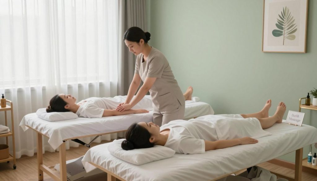 A spacious and calming massage therapy room featuring two professional treatment tables side by side, showcasing a lymphatic drainage massage. One therapist in professional attire gently performs a massage on a client in modest clothing, while the other treatment table displays a selection of various cellulite treatment tools, such as cupping sets and anti-cellulite creams. Soft, natural lighting filters in through sheer curtains, creating a serene atmosphere. The walls are adorned with calming artwork related to wellness and relaxation. A subtle color palette of greens and whites evokes a sense of tranquility. In the foreground, a clear label reads "Butik Massage" discreetly placed on a nearby shelf, enhancing the professional impression without being distracting. The angle captures both treatments, emphasizing their comparison in a harmonious setting.