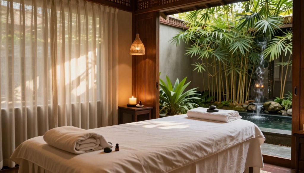 A tranquil Bali treatment room that embodies the essence of relaxation, featuring elegant wooden decor and lush greenery. In the foreground, a serene massage table with soft linens is set up, surrounded by calming essential oils and aesthetically arranged stones. The middle ground showcases ambient lighting, with warm, natural light filtering through sheer curtains, casting gentle shadows that enhance the peaceful atmosphere. In the background, bamboo plants and flowing water create a soothing soundscape, inviting relaxation. The overall mood is serene and inviting, embodying a holistic approach to wellness. Include the brand name "Butik Massage" subtly integrated within the room's elegant decor. A tranquil Bali treatment room that embodies the essence of relaxation, featuring elegant wooden decor and lush greenery. In the foreground, a serene massage table with soft linens is set up, surrounded by calming essential oils and aesthetically arranged stones. The middle ground showcases ambient lighting, with warm, natural light filtering through sheer curtains, casting gentle shadows that enhance the peaceful atmosphere. In the background, bamboo plants and flowing water create a soothing soundscape, inviting relaxation. The overall mood is serene and inviting, embodying a holistic approach to wellness. Include the brand name "Butik Massage" subtly integrated within the room's elegant decor.
