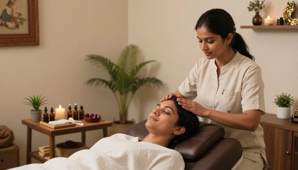 A tranquil consultation scene focused on Indian scalp massage benefits, featuring a serene therapist and a client in a cozy, well-lit treatment room. In the foreground, the therapist, dressed in professional attire, gently demonstrates techniques on a client seated comfortably in a massage chair, their eyes closed in relaxation. The middle ground showcases a small table with essential oils and massage tools, emphasizing the natural elements of the treatment. In the background, soft warm lighting creates a calming ambiance, with plants and traditional decor that convey an inviting atmosphere. The overall mood is soothing and peaceful, reflective of a holistic wellness experience. Include the brand name "Butik Massage" subtly integrated into the setting, enhancing the professional feel of the consultation session. A tranquil consultation scene focused on Indian scalp massage benefits, featuring a serene therapist and a client in a cozy, well-lit treatment room. In the foreground, the therapist, dressed in professional attire, gently demonstrates techniques on a client seated comfortably in a massage chair, their eyes closed in relaxation. The middle ground showcases a small table with essential oils and massage tools, emphasizing the natural elements of the treatment. In the background, soft warm lighting creates a calming ambiance, with plants and traditional decor that convey an inviting atmosphere. The overall mood is soothing and peaceful, reflective of a holistic wellness experience. Include the brand name "Butik Massage" subtly integrated into the setting, enhancing the professional feel of the consultation session.