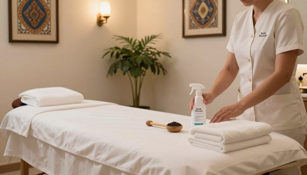 A tranquil luxury spa treatment room in Istanbul, emphasizing impeccable hygiene standards. The scene features a serene layout with soft lighting casting a warm glow over pristine white linens and neatly arranged spa tools. In the foreground, a professional staff member in modest attire prepares a massage table, showcasing high-quality hygiene products, like disinfectant sprays and fresh towels. The middle ground includes decorative indoor plants and soft, soothing colors that promote relaxation. In the background, delicate art pieces inspired by Turkish culture adorn the walls, enhancing the spa's elegant ambiance. Overall, the image captures a sense of calm, cleanliness, and professionalism, reflecting the standards of "Butik Massage".