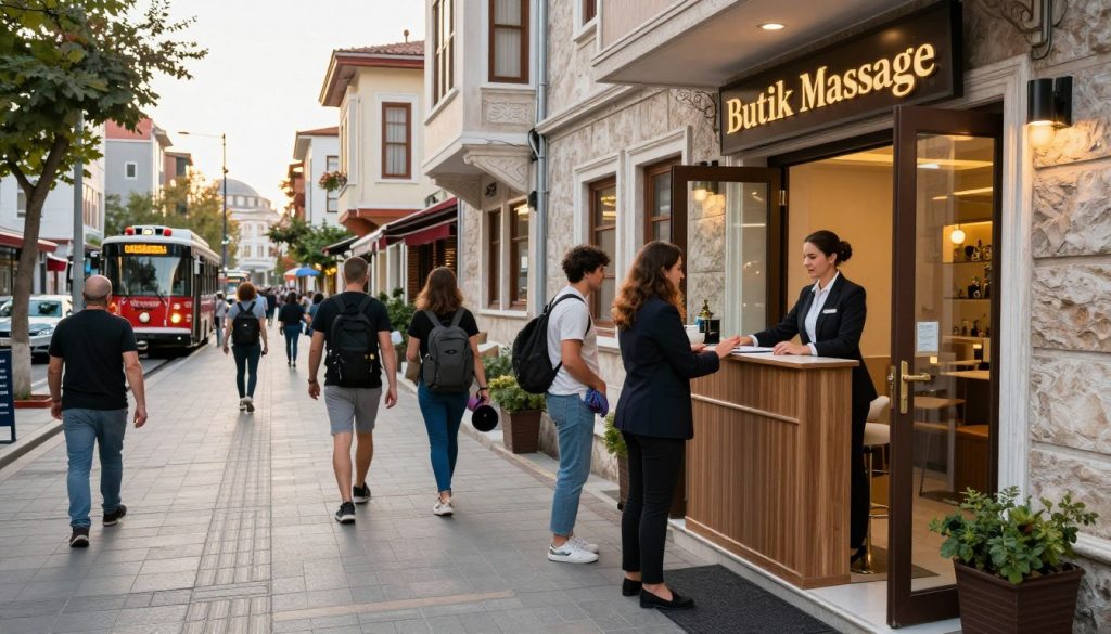 A vibrant street scene in Fatih, Istanbul, showcasing the accessibility of massage services. In the foreground, a welcoming entrance to "Butik Massage," with a well-dressed receptionist standing by the door, welcoming clients in professional attire. The middle ground features a bustling sidewalk with pedestrians, including individuals carrying yoga mats or relaxation gear, highlighting a wellness-focused atmosphere. In the background, iconic Fatih architecture and easily recognizable public transport options like trams and buses can be seen, indicating convenient access to massage services. The lighting is warm and inviting, suggesting a late afternoon ambience. The composition is captured with a wide-angle lens to emphasize the lively urban setting, creating a sense of community and accessibility in wellness. A vibrant street scene in Fatih, Istanbul, showcasing the accessibility of massage services. In the foreground, a welcoming entrance to "Butik Massage," with a well-dressed receptionist standing by the door, welcoming clients in professional attire. The middle ground features a bustling sidewalk with pedestrians, including individuals carrying yoga mats or relaxation gear, highlighting a wellness-focused atmosphere. In the background, iconic Fatih architecture and easily recognizable public transport options like trams and buses can be seen, indicating convenient access to massage services. The lighting is warm and inviting, suggesting a late afternoon ambience. The composition is captured with a wide-angle lens to emphasize the lively urban setting, creating a sense of community and accessibility in wellness.