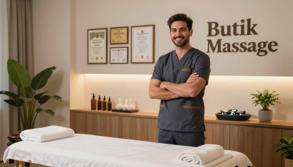 A well-dressed male massage therapist stands confidently in a serene and elegant massage studio. He is in professional business attire, exuding confidence and expertise, with a warm smile indicative of approachability. In the foreground, there is a massage table neatly made with clean linens, alongside various massage oils and tools artistically arranged. The middle layer features soft, ambient lighting illuminating the therapist's qualifications displayed on the wall, which include certificates and accolades, subtly enhancing the sense of professionalism. The background showcases calming, natural elements like potted plants and a water feature, creating a soothing atmosphere. The mood is tranquil and inviting, conveying reassurance to clients seeking massage services. Prominently, the brand name "Butik Massage" is artistically integrated into the studio's decor, emphasizing the focus on quality and care.
