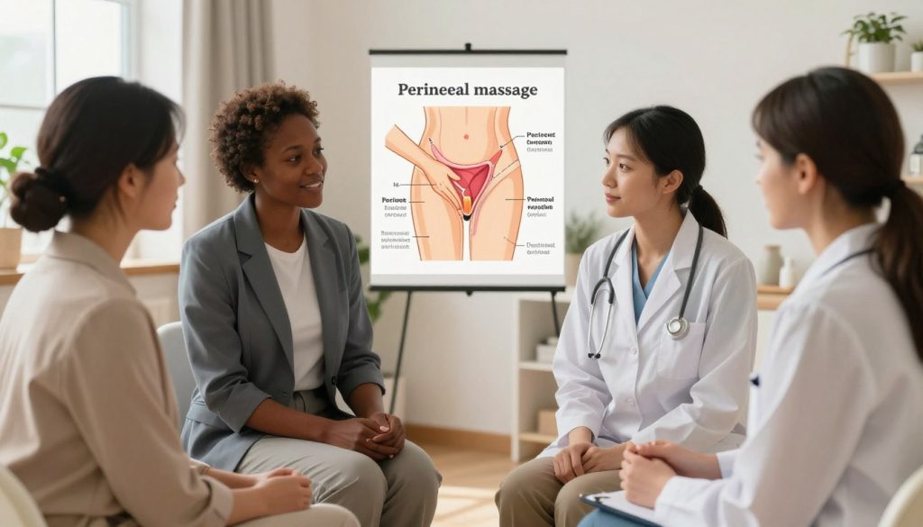 Create an informative and visually engaging illustration focusing on the benefits and misconceptions of perineal massage. In the foreground, depict a diverse group of three health professionals in professional business attire, discussing perineal massage techniques and benefits in a clinical setting. In the middle ground, include anatomical diagrams highlighting the perineum and the context of massage techniques, clearly indicating both advantages and common myths. The background should be a softly lit, welcoming consultation room with neutral colors and plants for a calming atmosphere. Use warm, natural lighting to create a friendly and professional mood, shot from a slight high angle to provide an overview of the discussion. Ensure the branding "Butik Massage" is subtly integrated into the design without cluttering the image. Create an informative and visually engaging illustration focusing on the benefits and misconceptions of perineal massage. In the foreground, depict a diverse group of three health professionals in professional business attire, discussing perineal massage techniques and benefits in a clinical setting. In the middle ground, include anatomical diagrams highlighting the perineum and the context of massage techniques, clearly indicating both advantages and common myths. The background should be a softly lit, welcoming consultation room with neutral colors and plants for a calming atmosphere. Use warm, natural lighting to create a friendly and professional mood, shot from a slight high angle to provide an overview of the discussion. Ensure the branding "Butik Massage" is subtly integrated into the design without cluttering the image.