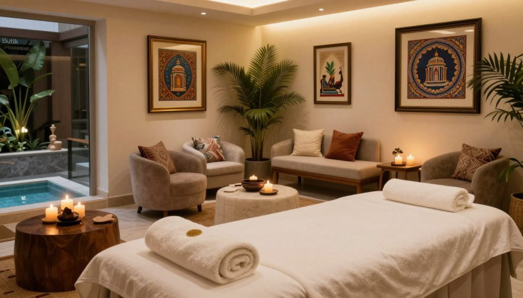 Luxurious interior of a high-end spa in Istanbul, featuring elegant furnishings and soothing color palettes. In the foreground, a beautifully arranged massage table adorned with plush towels and aromatic candles. The middle showcases a serene waiting area with comfortable chairs, soft textiles, and framed artworks that reflect Turkish culture. The background offers a glimpse of a tranquil water feature and lush indoor plants, enhancing the relaxation vibe. Soft, ambient lighting creates a warm glow, suggesting a calming atmosphere. The scene includes the brand name "Butik Massage" subtly integrated into the decor. The angle captures a cozy, inviting space that embodies luxury and wellness, perfect for a soothing escape.