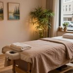 A serene Taksim aromatherapy massage treatment room, designed for relaxation and tranquility. In the foreground, a neatly made massage table draped in soft, earth-toned linens, with essential oils and soothing candles placed invitingly on a small wooden side table. The middle layer features a softly illuminated room with warm ambient lighting, bamboo plants, and calming artwork depicting nature hung on the walls. Light hardwood floors enhance the calming atmosphere. In the background, a large window offers a glimpse of Taksim’s bustling street outside, diffusing natural light into the room. The "Butik Massage" brand logo is subtly displayed on a decorative sign. Capture this scene from a slightly elevated angle, focusing on a cozy, inviting ambiance that promotes relaxation and holistic well-being.