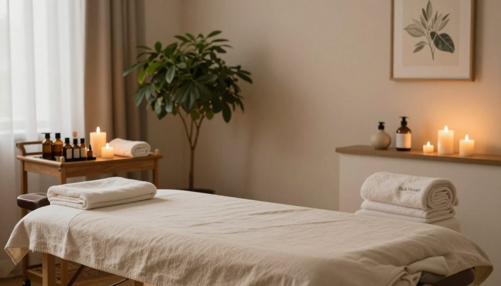 A serene, well-organized massage environment designed for a Swedish massage session. In the foreground, a neatly made massage table draped with soft, natural-colored linens. To the side, a small wooden cart stocked with essential oils, aromatherapy candles, and clean towels, showcasing the supplies needed for the session. In the middle, a calming ambiance created by warm, diffused lighting, with gentle shadows cast by a few strategically placed candles. Soft, muted colors on the walls and natural textures set an inviting mood. In the background, a lush green plant adds a touch of nature, and calming artwork reflects relaxation themes. Light filters softly through sheer curtains, enhancing the tranquil atmosphere. Include the brand name "Butik Massage" subtly integrated into the design elements.